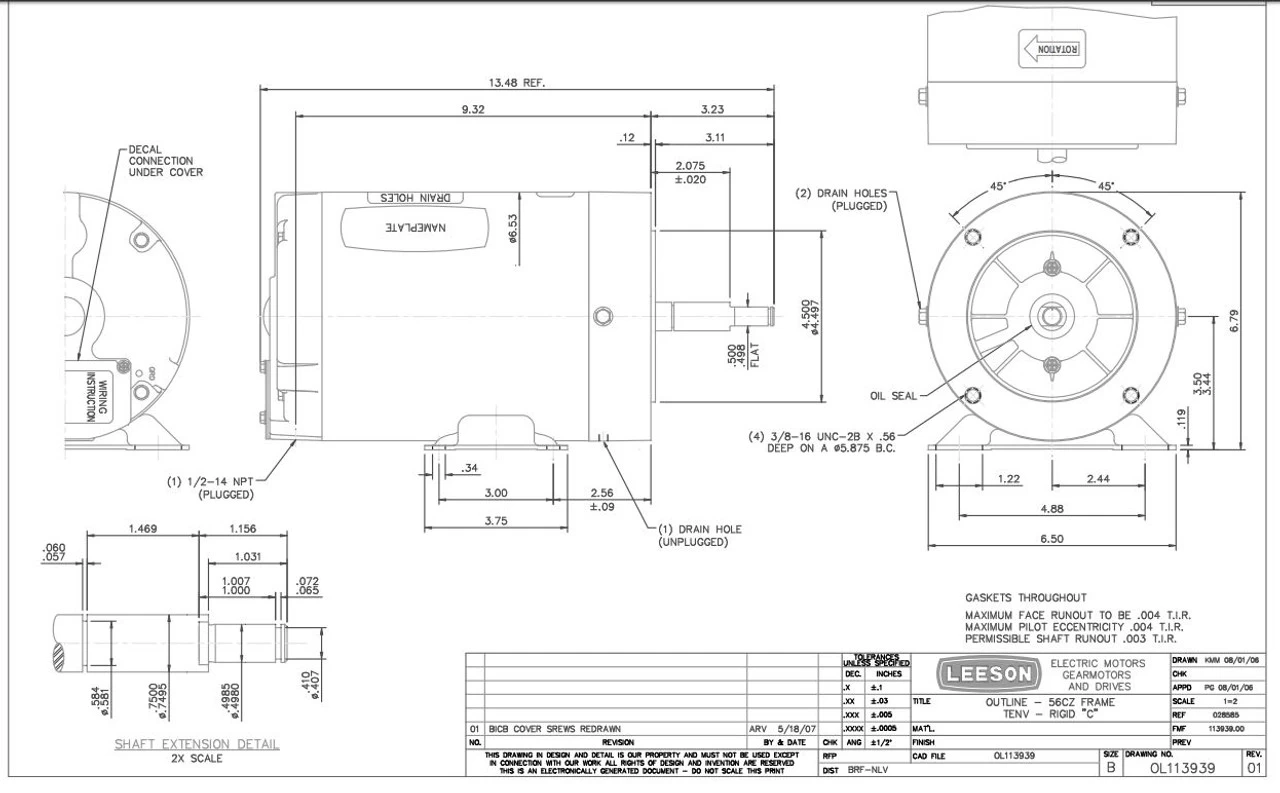 113939.00 Leeson | 1/2 Hp 3450 RPM 56CZ Frame 230V Milk Transfer (Babson 27732) Pump Motor - Image 4