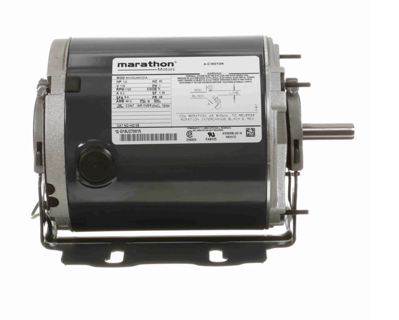 HG138 Marathon 1/3 Hp 1800 RPM 115V TENV 48 Frame Split-Phase Farm Motor - Image 3