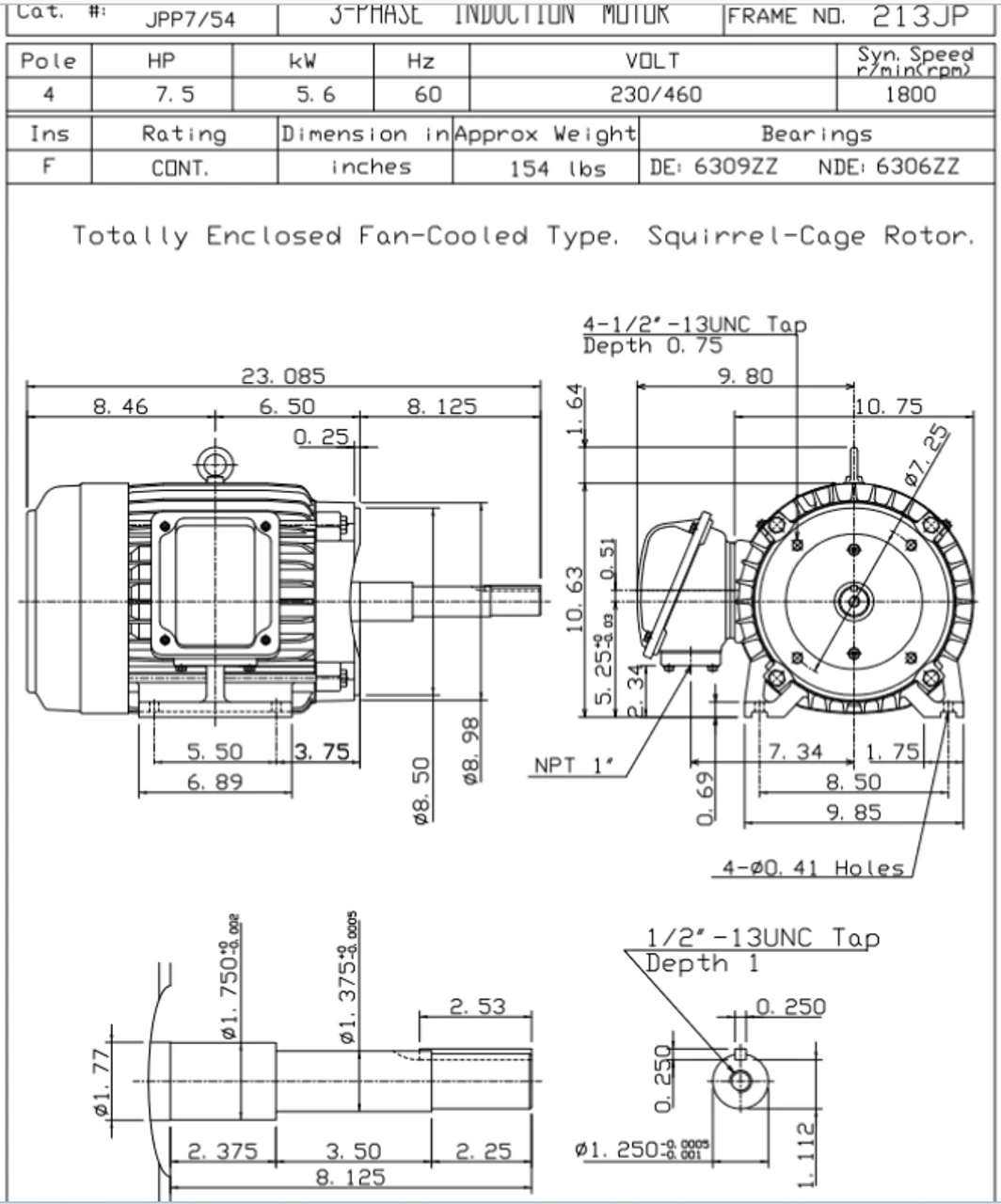 JPP7/54 TECO Westinghouse 7 1/2 Hp 1800 RPM 213JP Cast Iron 230/460V TEFC Close-Coupled 3-Phase Motor - Image 2