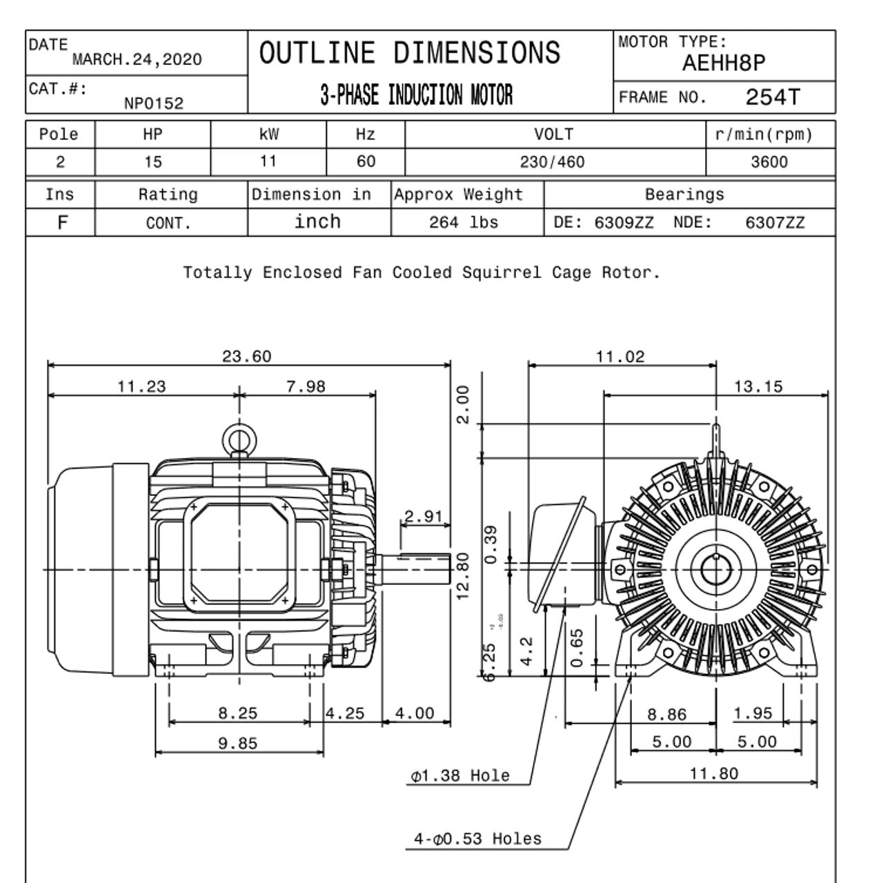 NP0152 TECO Westinghouse 15 Hp 3600 RPM 254T Frame 230/460V TEFC 3-Phase Motor - Image 2