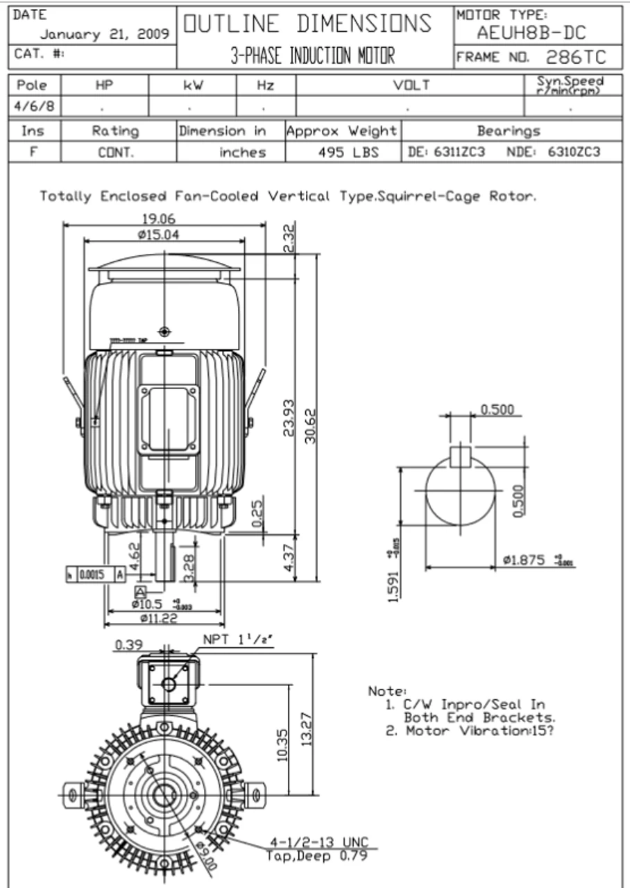 HBV0206C TECO-Westinghouse 20 Hp 1200 RPM 286TC Vertical 460V TEFC Severe Duty Petro-Chem 3-Ph Motor - Image 2