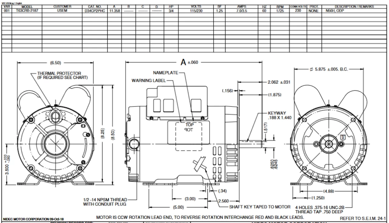 D1CP2PHC Nidec 1 Hp 1800 RPM 56HC (Rigid Base) 115/230V ODP 1-Phase Motor - Image 2
