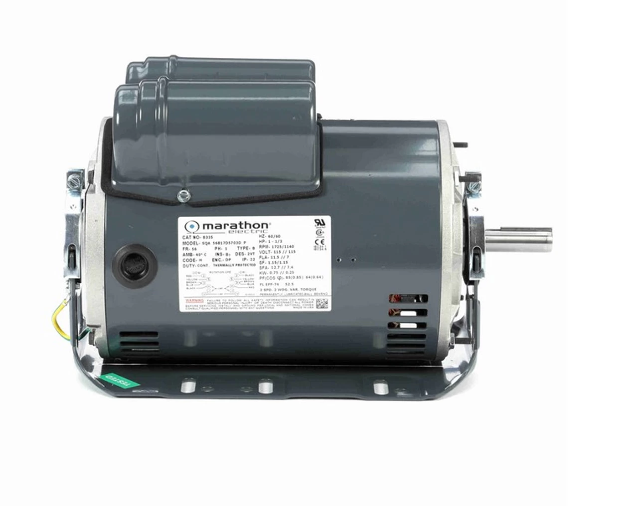 B335 Marathon 1 Hp (2 Speed) 115V 1800 RPM ODP 56 Frame Cap Start/Run Resilient Base Motor - Image 3