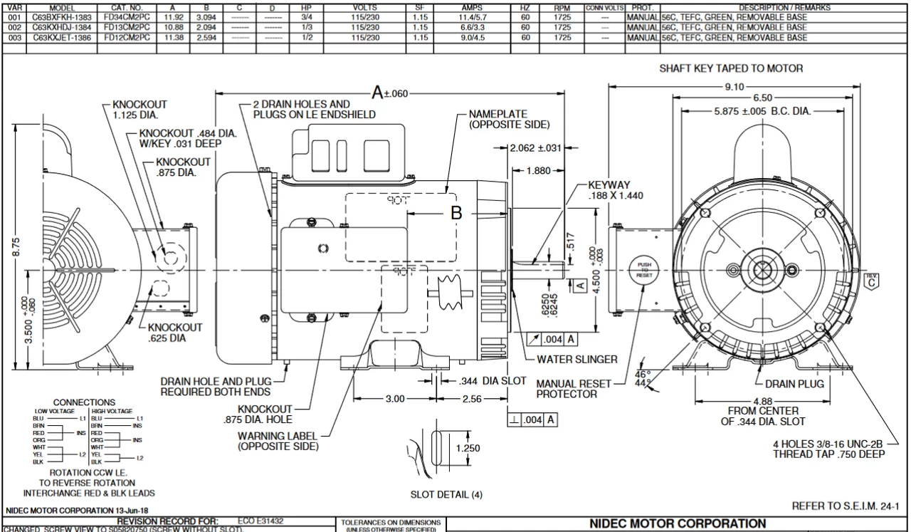 FD34CM2PC Nidec 3/4 HP 1800 RPM 115/230V 56C Frame (Base) TEFC Farm Duty Motor - Image 2
