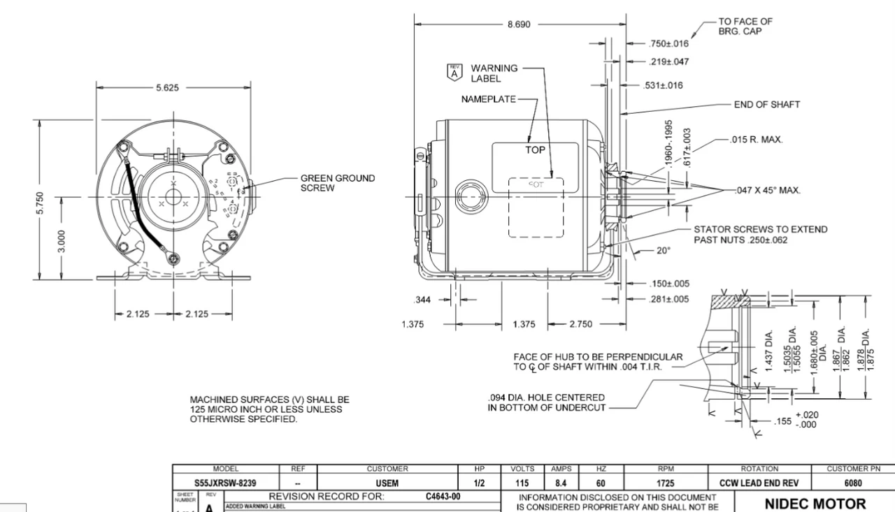 6080 Nidec 1/2 Hp 1800 RPM 115V ODP 1-Phase Carbonator Pump Motor Replacement - Image 2