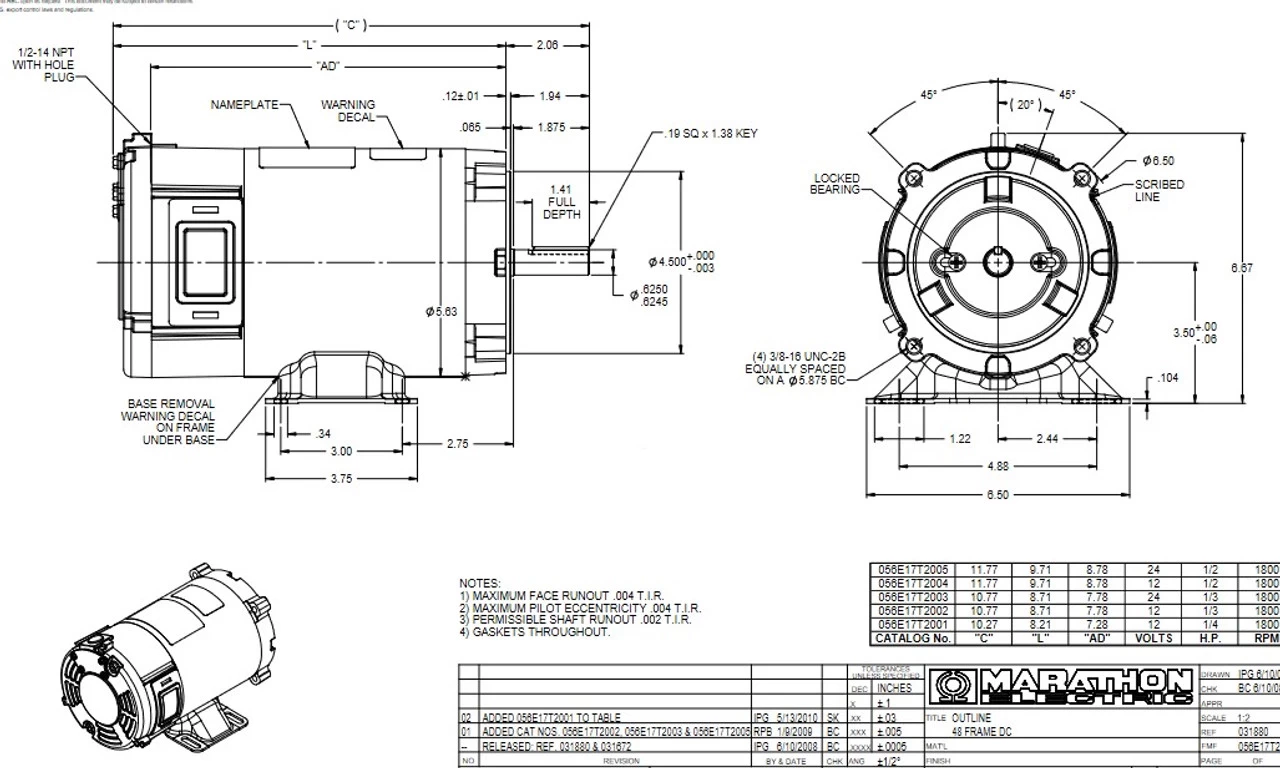 Z660 Marathon 1/4 Hp 12 V DC 1750 RPM Perm. Magnet C-Face 56C Frame TENV (rigid Base) - Image 4