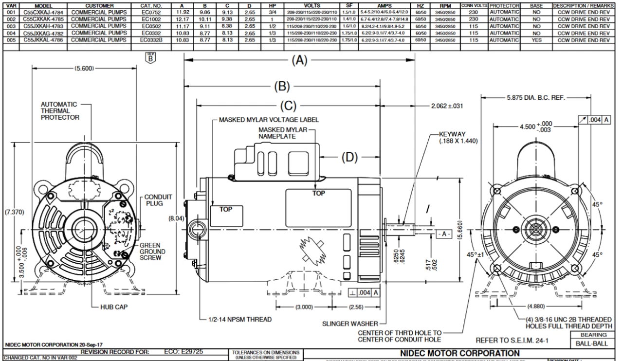 EC0752 Nidec 3/4 Hp 3600 RPM 115/208-230V 56C Frame (No Base) ODP 1-Phase Electric Motor - Image 2