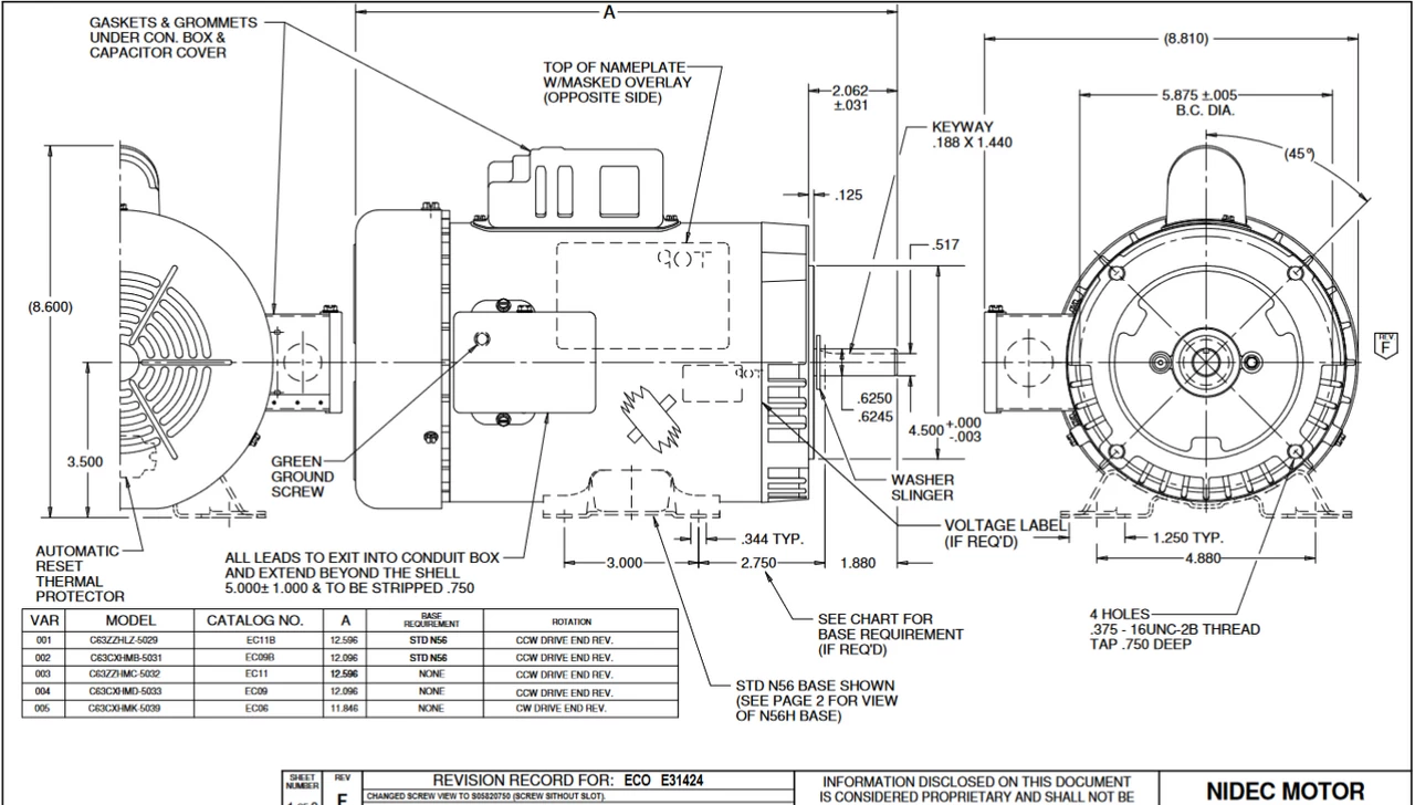 EC09B Nidec 1 Hp 3600 RPM 115/208-230V 56C Frame (Rigid Base) TEFC 1-Phase Electric Motor - Image 2