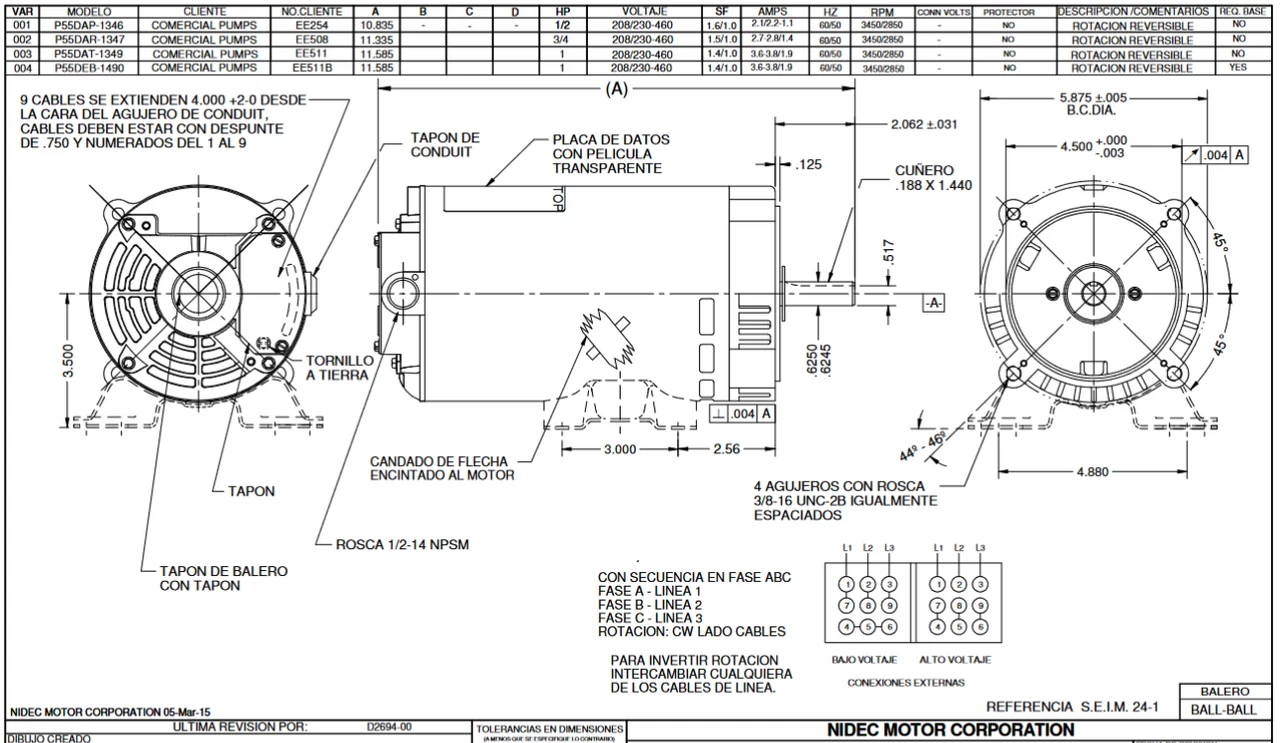 EE254 Nidec 1/2 HP 3600 RPM 3-Phase 208-230/4600V 56C Frame (No Base) ODP Special Pump Motor - Image 2