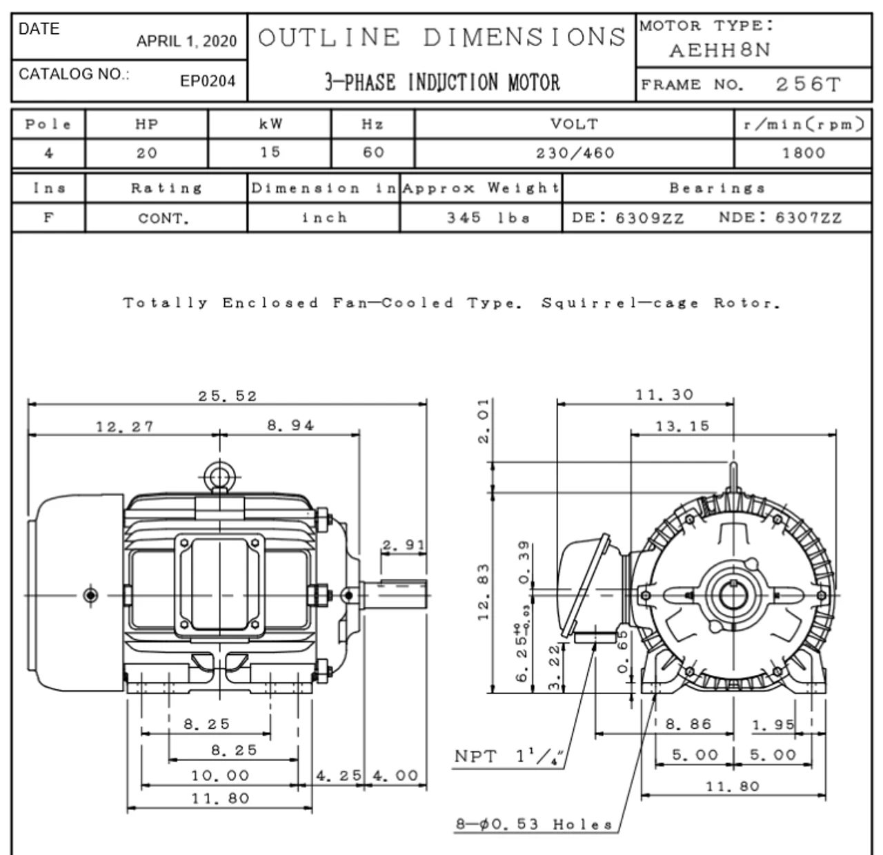 EP0204 TECO Westinghouse 20 Hp 1800 RPM 256T Cast Iron 230/460V TEFC Severe Duty 3-Phase Motor - Image 2