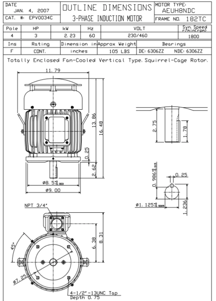 EPV0034C TECO-Westinghouse 3 Hp 1800 RPM 182TC Vertical 230/460V TEFC Severe Duty Petro-Chem 3-Ph Motor - Image 2