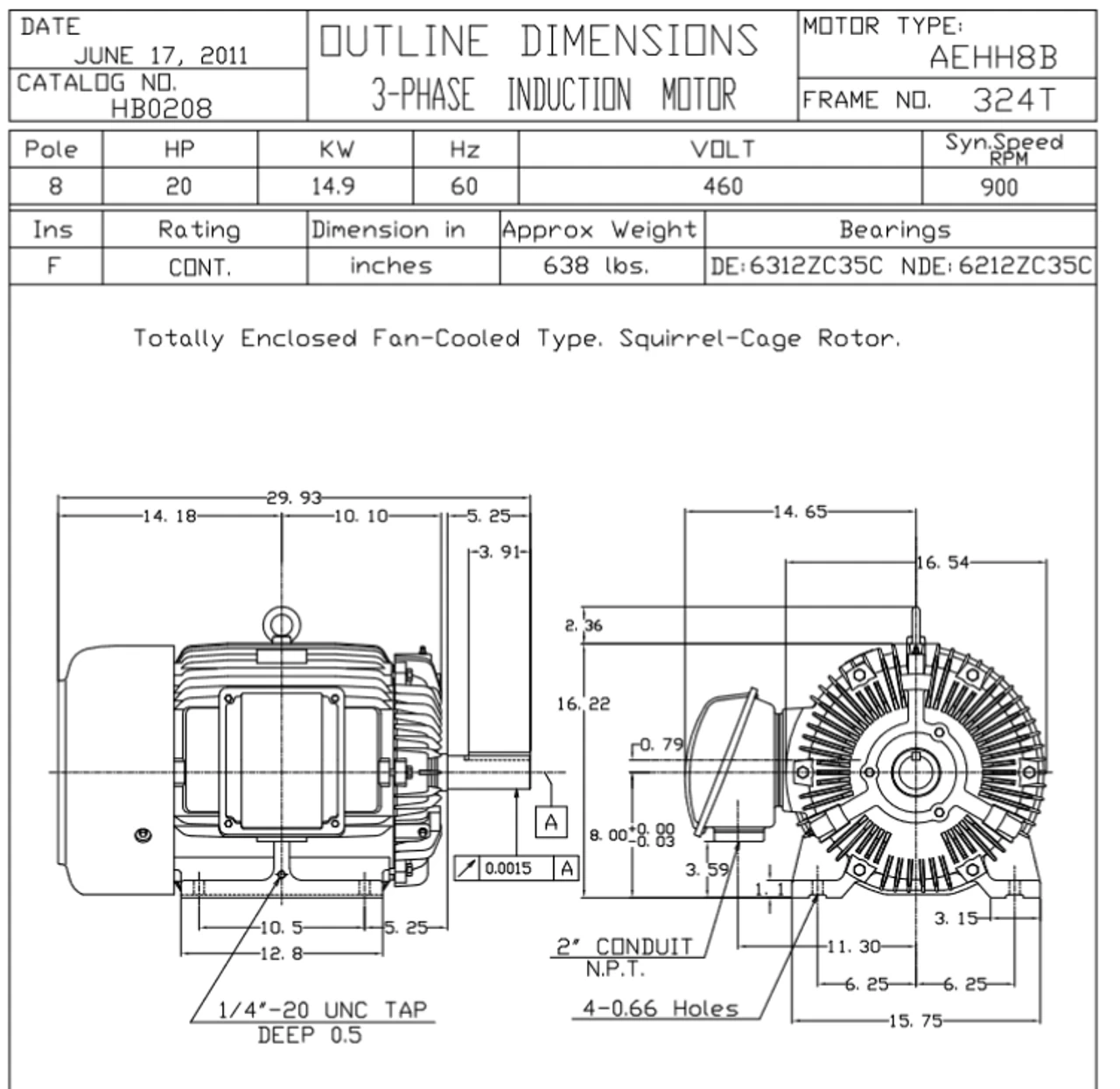 HB0208 TECO-Westinghouse 20 Hp 900 RPM 324T 460V TEFC Severe Duty Petro-Chem 3-Ph Motor - Image 2
