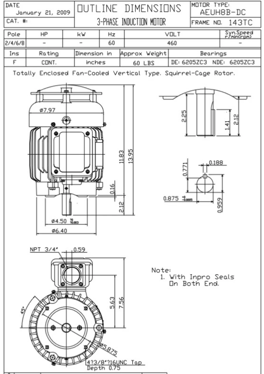 HBV0014C TECO-Westinghouse 1 Hp 1800 RPM 143TC Vertical 460V TEFC Severe Duty Petro-Chem 3-Ph Motor - Image 2