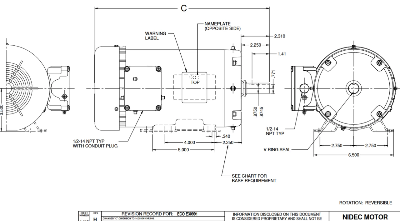 WD1P3A Nidec 1 Hp 1200 RPM 145T Frame (Rigid Base) 208-230/460V TEFC Washdown 3-Phase Motor - Image 2